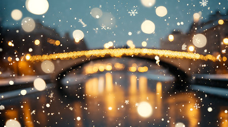 A tranquil winter night scene featuring snowflakes falling over a beautifully lit bridge and river.の素材
