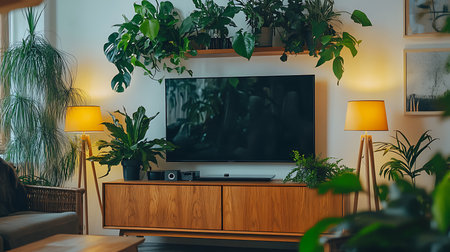 A beautifully designed living room featuring a TV and lush plants for a cozy atmosphere.の素材