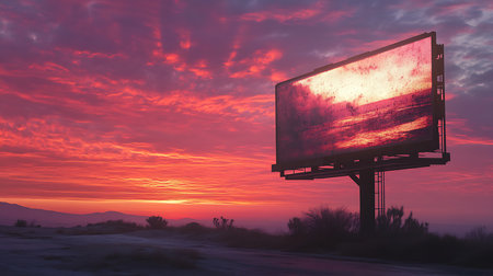 A stunning sunset reflects on a billboard in a serene desert setting capturing the beauty of nature.の素材