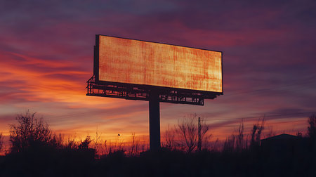 A striking digital billboard stands tall against a vibrant sunset showcasing an engaging display in an urban setting.の素材