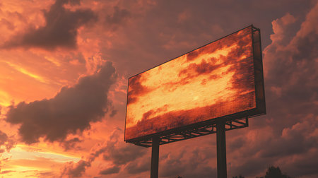 A stunning sunset reflected on an illuminated billboard transforms the evening urban landscape.の素材