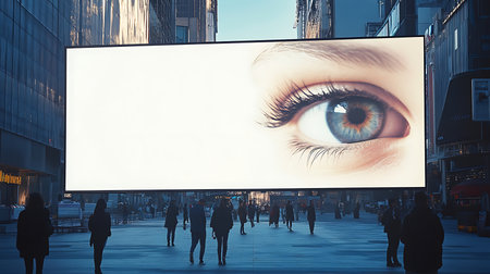 A giant eye billboard captures attention in NYC symbolizing awareness in a bustling urban atmosphere.の素材