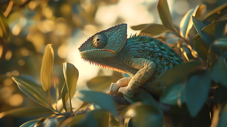 A vibrant chameleon perches on a branch showcasing its stunning colors in a natural setting.の素材