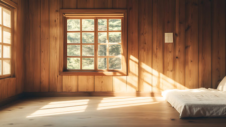 A serene wooden interior bathed in sunlight showcasing minimalist design and a tranquil retreat vibe.の素材