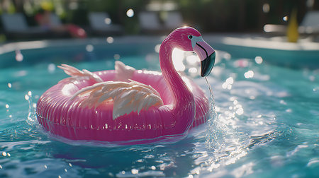 A cheerful pink flamingo float entertains at a sunny pool creating a perfect summer scene.の素材