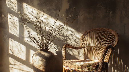 A warm and inviting scene featuring a wicker chair and vase capturing the essence of home decor.の素材