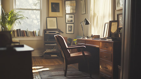 A serene home office filled with natural light ideal for focused work and creativity.の素材