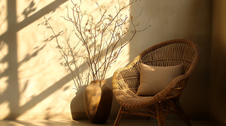 A serene corner featuring a rattan chair and dried branches illuminated by soft sunlight.の素材