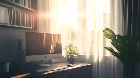 A serene home office basking in morning sunlight creating a peaceful workspace atmosphere.の素材