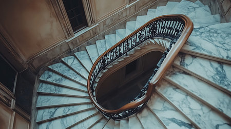 Discover the intricate beauty of a spiral staircase in a historic setting showcasing architectural elegance.の素材