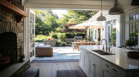 A sleek kitchen opens to a serene patio inviting a blend of indoor and outdoor living.の素材