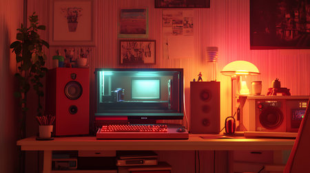 Explore a cozy home office filled with digital art and vibrant lights that inspire creativity.の素材