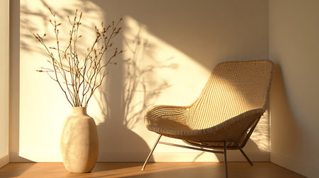 A cozy corner with natural light showcasing a stylish chair and vase perfect for peaceful moments.の素材