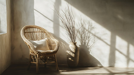 A serene corner showcasing a stylish rattan chair and a vase bathed in warm natural light.の素材