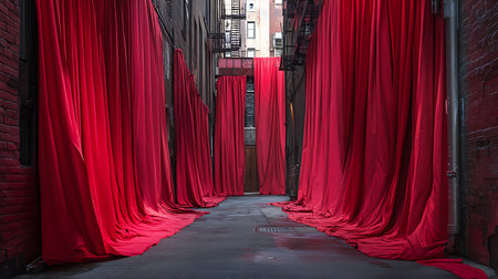 A striking alleyway transformed by flowing red fabric creating an immersive art experience.の素材