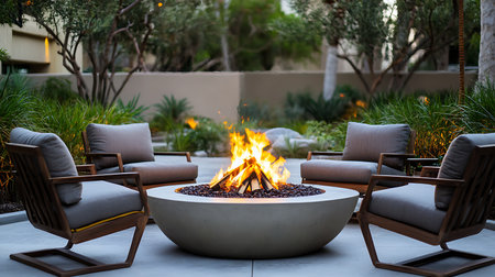 A serene outdoor space featuring a bonfire surrounded by comfortable seating inviting relaxation and connection.の素材
