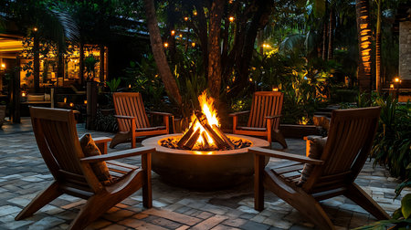 A warm campfire at night invites friends to gather share stories and enjoy the serene garden atmosphere.の素材