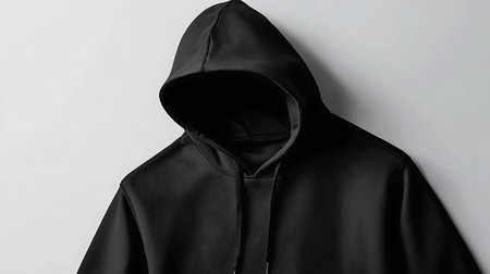 Explore a sleek black hoodie design showcasing modern fashion in a minimalist studio setting.の素材