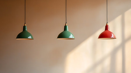 Explore the beauty of vibrant pendant lights enhancing a minimalist interior design.の素材
