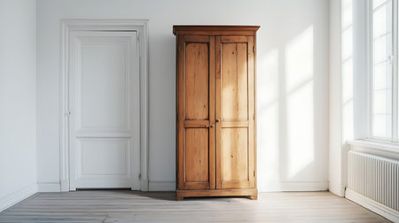 A simple yet elegant wooden wardrobe stands in a bright minimalistic room showcasing modern interior design.の素材