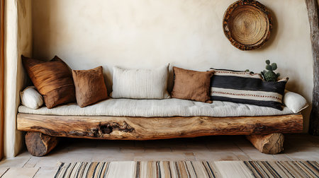 Explore a rustic wooden couch that brings warmth and style to modern interiors.の素材