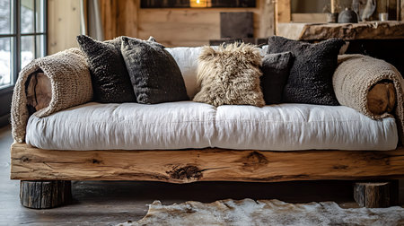 Discover the charm of a rustic sofa adorned with plush pillows perfect for cozy cabin living.の素材