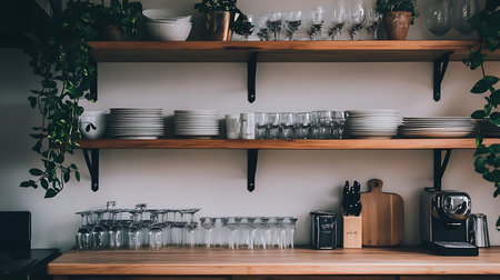 A well-organized kitchen shelf showcasing glassware and dishware in a stylish homey setting.の素材