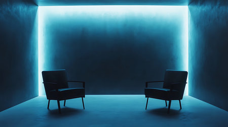 A minimalist space featuring two chairs and neon lights sets the stage for deep dialogue.の素材
