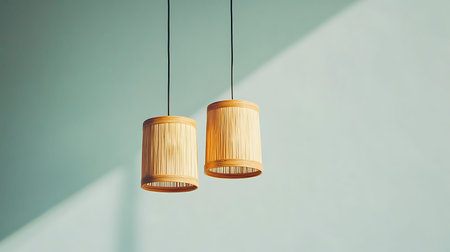 Stylish hanging wooden lamps create a warm and inviting ambiance in a modern home setting.の素材