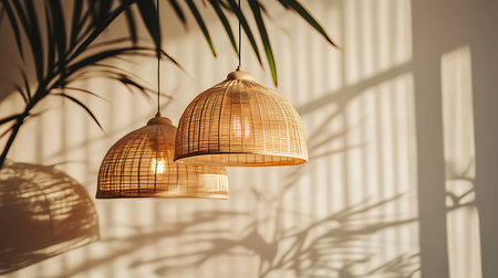 Explore the elegance of modern light fixtures casting beautiful shadows in a serene indoor space.の素材