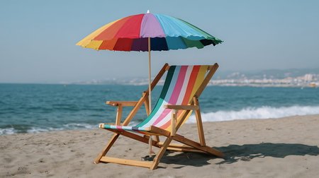 A vibrant beach scene showcasing a striped chair under a colorful umbrella inviting relaxation by the sea.の素材