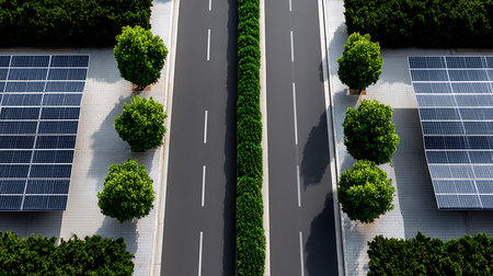 A captivating aerial view of solar panels lining an urban road showcasing sustainable energy solutions.の素材