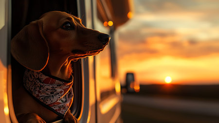 A joyful dachshund gazes out the window during a picturesque sunset road trip.の素材
