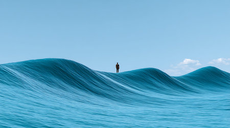 A lone figure stands atop towering waves evoking feelings of solitude and wonder in a digital ocean landscape.の素材