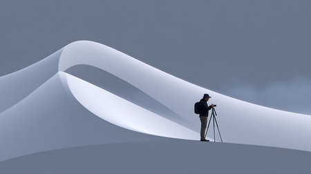 A photographer skillfully captures stunning natural formations in the serene wilderness.の素材