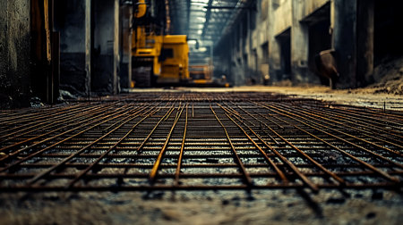 A detailed view of reinforced steel rebar at an industrial construction site showcasing foundation work.の素材