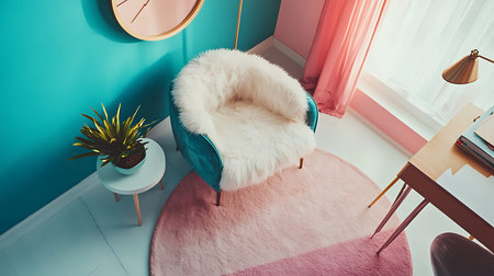 A stylish home office features a cozy chair and vibrant colors creating an inviting workspace.の素材