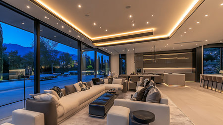 Explore a stunning modern living room that embodies luxury and style with a cozy evening ambiance.の素材