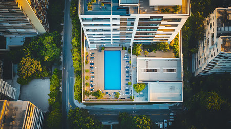 Experience the serene beauty of a luxurious pool area nestled within contemporary architecture.の素材
