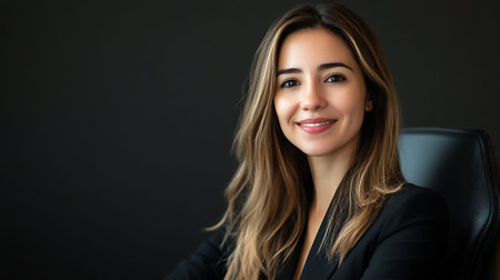 Confident businesswoman smiles in her office showcasing professionalism and approachability.の素材