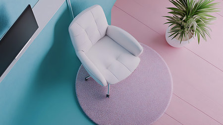 A sleek white chair on a pastel rug in a chic interior setting showcasing modern design elements.の素材