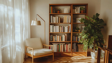 A warm and inviting reading nook featuring a bookshelf filled with books perfect for relaxation.の素材