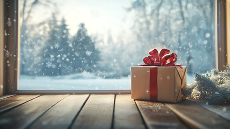 A beautifully wrapped gift sits on a wooden table surrounded by a snowy winter landscape.の素材