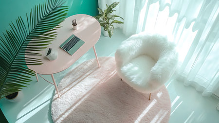 A stylish home office featuring a comfy chair and laptop perfect for productivity.の素材