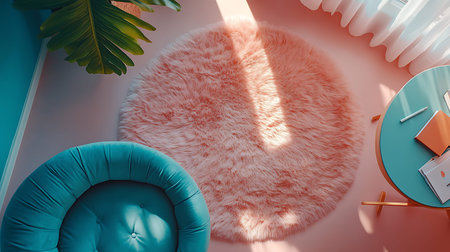 A stylish living room featuring a fluffy rug and vibrant decor perfect for relaxation and creativity.の素材