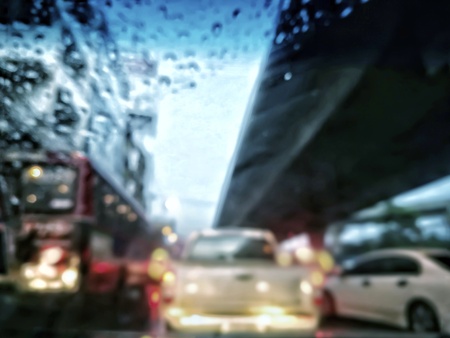 Blur street traffic jam after heavy rain in Bangkok.の写真素材