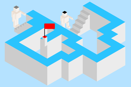 Concepts of business competition, decision making, and problem solving. Vector illustration. Two choices with different ways (stairs) to get red flag. One is longer, more complicate, and may get lesser chances to win.のイラスト素材