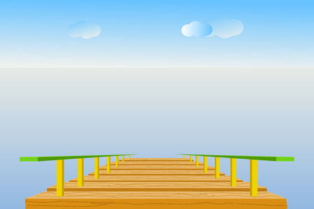 Illustration of brown wooden pier in the blue sea with sky, clouds, and the horizon line. Vector illustration in flat design. Concept of summer, travel, vacation, relaxation, and freedom. Use as background, backdrop, montage.のイラスト素材