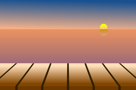 Empty brown tabletop display over the sea with sky, sun and horizon line in dusk / dawn time. Useful as background, backdrop, image montage for display products, or for design key visual layout. Vector illustration, EPS10.のイラスト素材
