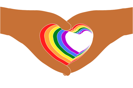 Support LGBTQ concept. Seven pairs of colorful hands in heart shape on transparent (white) background, stacking in human skin and rainbow colors (GLBT, or LGBT symbol). Vector illustration, EPS10.のイラスト素材